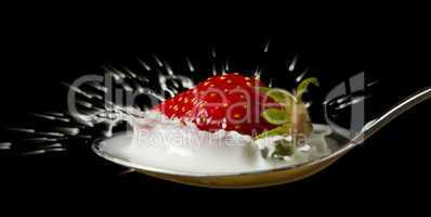 red, ripe strawberry falling in spoon with milk