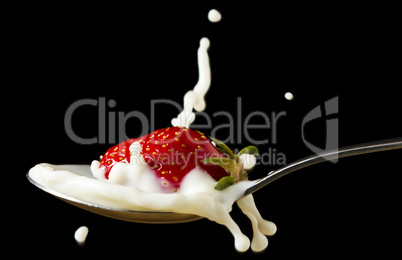 red, ripe strawberry falling in spoon with milk