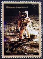 Postage stamp Ajman 1973 Aldrin walks on the Moon