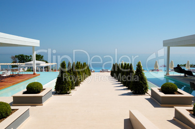 Beach view at the modern luxury hotel, Pieria, Greece