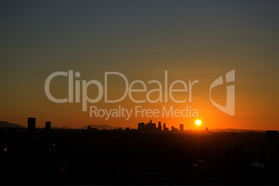 Sunrise with heat haze of Downtown Los Angeles skyline