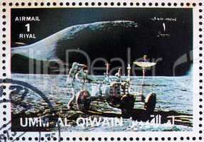 Postage stamp Umm al-Quwain 1972 Astronaut and Lunar Rover