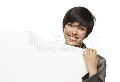 Mixed Race Young Adult Female Holding Blank White Sign