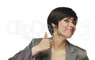 Happy Young Mixed Race Woman With Thumbs Up on White