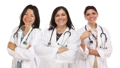 Three Hispanic Female Doctors or Nurses on White