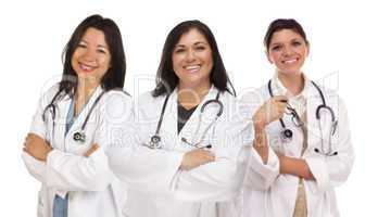 Three Hispanic Female Doctors or Nurses on White