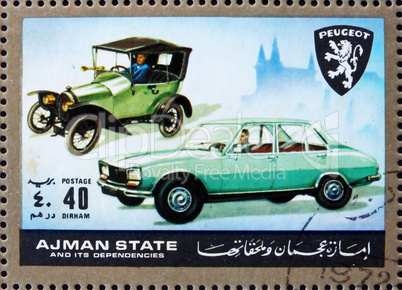 Postage stamp Ajman 1972 Peugeot, Cars Then and Now