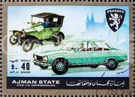 Postage stamp Ajman 1972 Peugeot, Cars Then and Now
