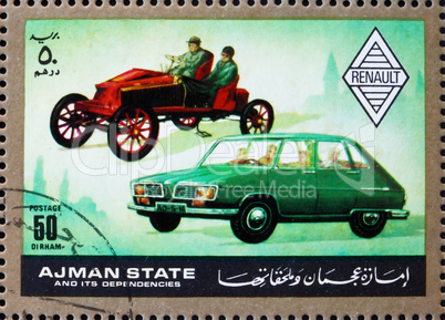 Postage stamp Ajman 1972 Renault, Cars Then and Now