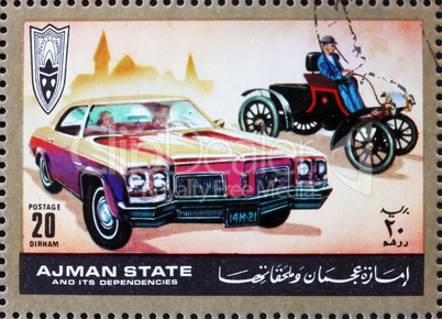 Postage stamp Ajman 1972 Ford, Cars Then and Now