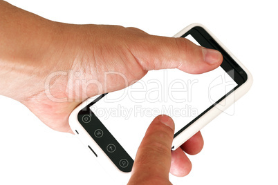 Mobile phone with blank screen in a man's hand.