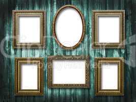 six picture frames on a wooden background grunge