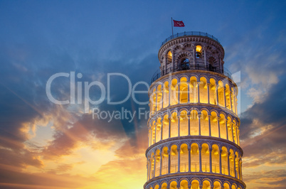 Tower of Pisa in Miracles Square, Illuminated at Night with suns