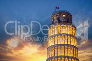 Tower of Pisa in Miracles Square, Illuminated at Night with suns