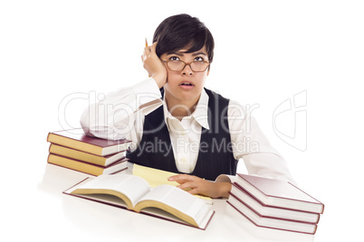 Bored Mixed Race Female Student at Desk with Books
