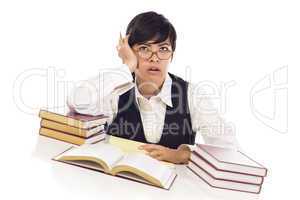Bored Mixed Race Female Student at Desk with Books