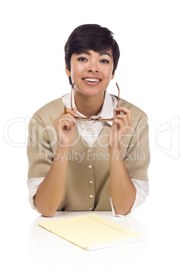 Smiling Mixed Race Female Student at Desk