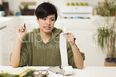 Mixed Race Young Female Agonizing Over Financial Calculations