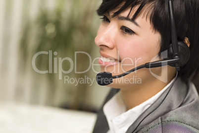 Attractive Young Mixed Race Woman Smiles Wearing Headset