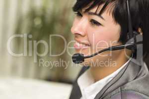 Attractive Young Mixed Race Woman Smiles Wearing Headset