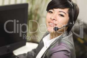 Attractive Young Mixed Race Woman Smiles Wearing Headset