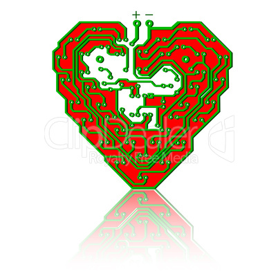 Circuit board pattern in the shape of the heart.