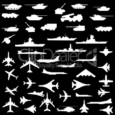 Vector set of aircraft, armored ships and guns.