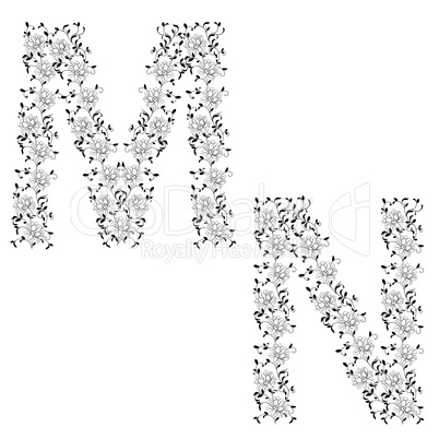 Hand drawing ornamental alphabet. Letter MN