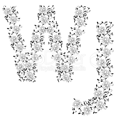 Hand drawing ornamental alphabet. Letter WJ