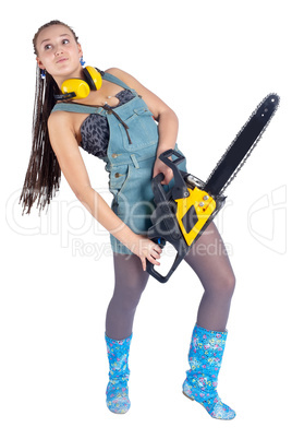 Pretty girl with chainsaw