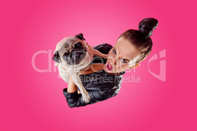 Overhead view of woman with pug