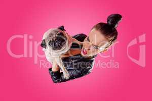 Overhead view of woman with pug