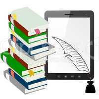 Tablet PC computer with a pen and ink with books