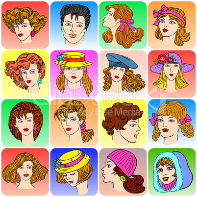 Set of various cartoon male and female faces.