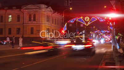 night city traffic on crossroad with festive illumination timelapse