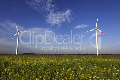 Wind Turbines with blue sky and the sun shining on green