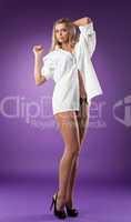 Pretty blonde woman in mens shirt and lingerie
