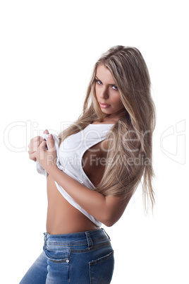 Beauty blond woman posing in white tank top