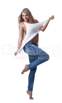 Beautiful woman stand in jeans and tank top