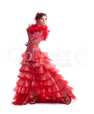 woman flamenco dancer in red costume isolated