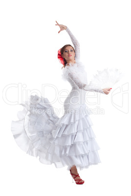 woman flamenco dancer in white costume isolated