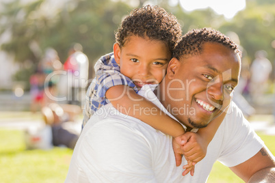 Mixed Race Father and Son Playing Piggyback in Park Mixed Race Father and Son Playing Piggyback in Park