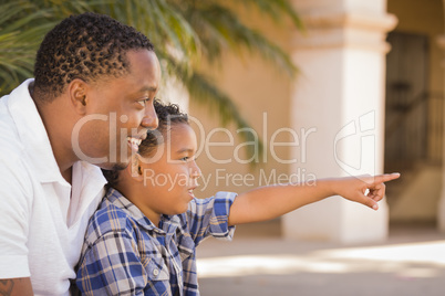 Mixed Race Father and Son Pointing in the Park