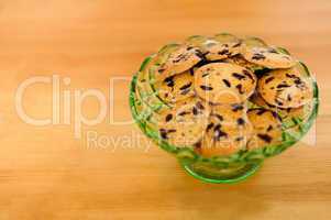 Chocolate chip cookies in a glass bowl