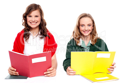 Smiling girl learning from school books