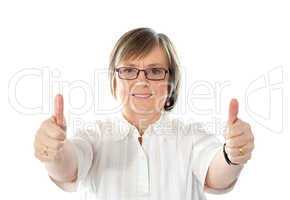Female gesturing double thumbs up