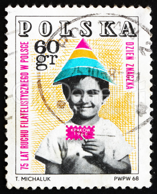 Postage stamp Poland 1968 Child Holding Symbolic Stamp