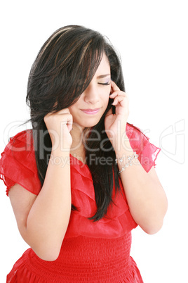 A woman with a headache holding head, isolated on white backgrou