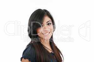 Portrait of a happy woman smiling against white background