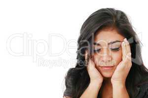 Thoughtful and worried woman, isolated over a white background